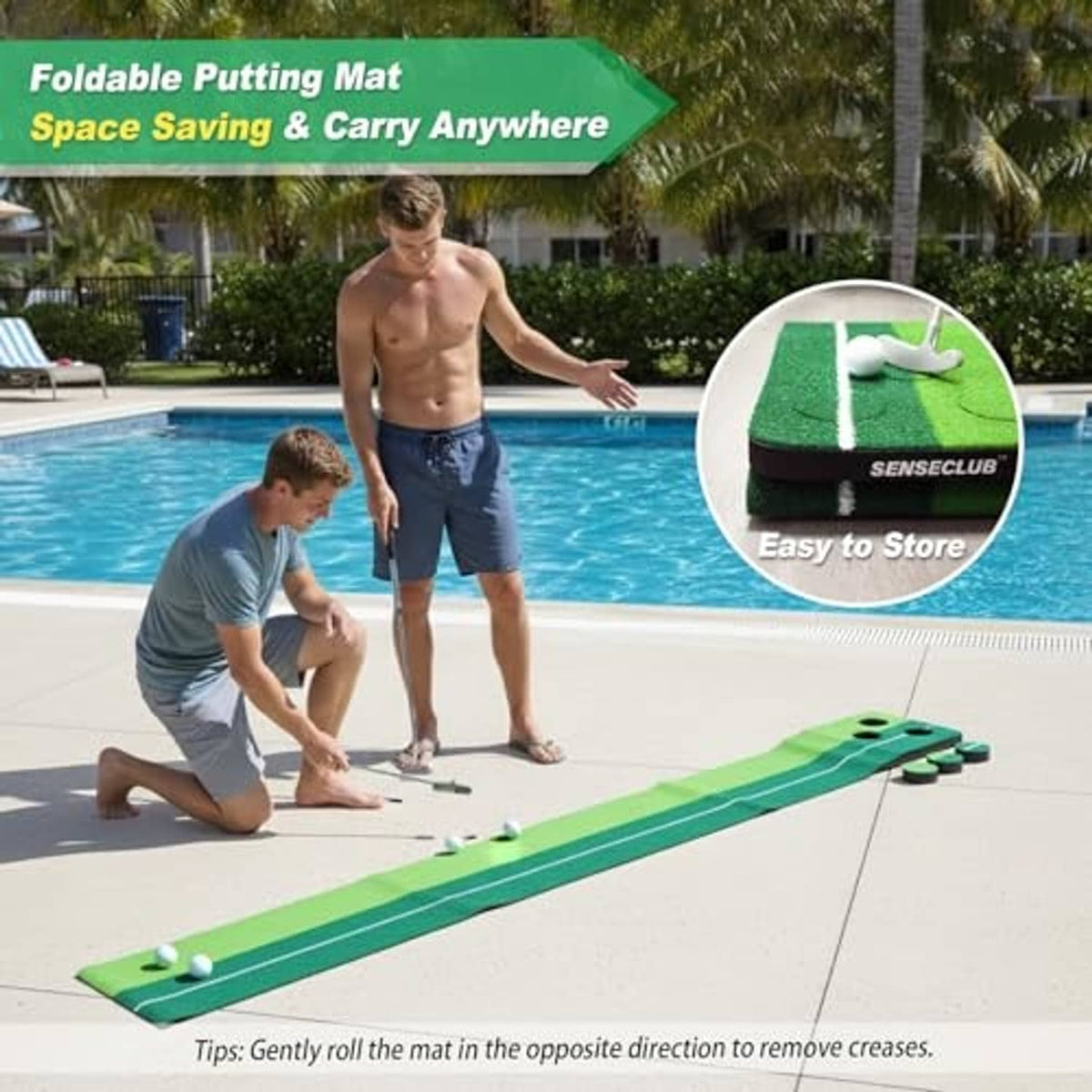 Foldable putting mat in green with practice balls and hole targets, set up outdoors