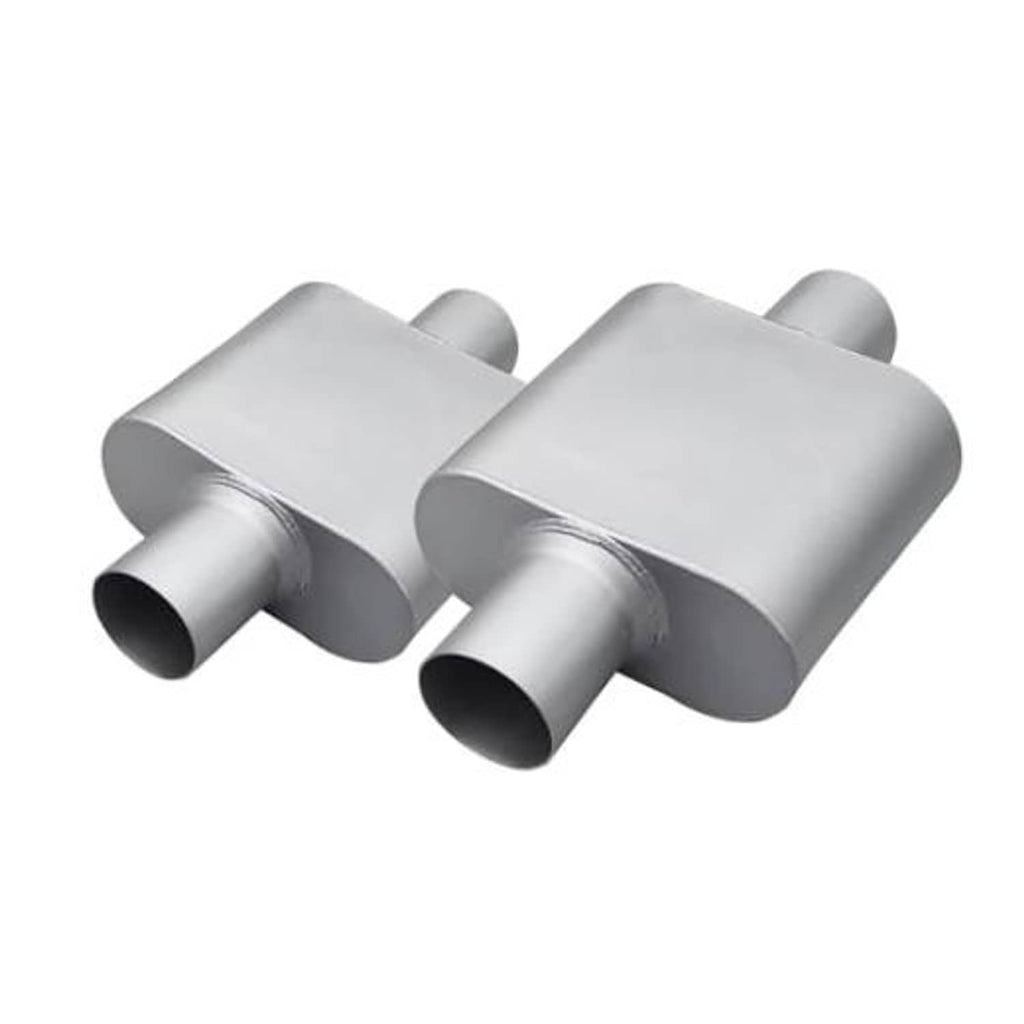 Silver dual-chamber muffler pair with straight inlet and outlet tubes