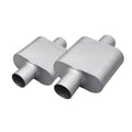 Silver dual-chamber muffler pair with straight inlet and outlet tubes