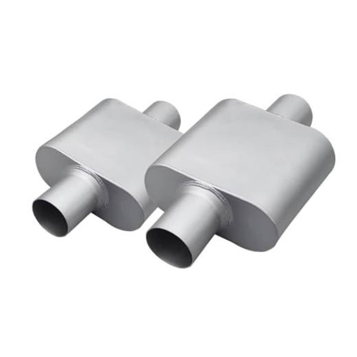 Silver dual-chamber muffler pair with straight inlet and outlet tubes