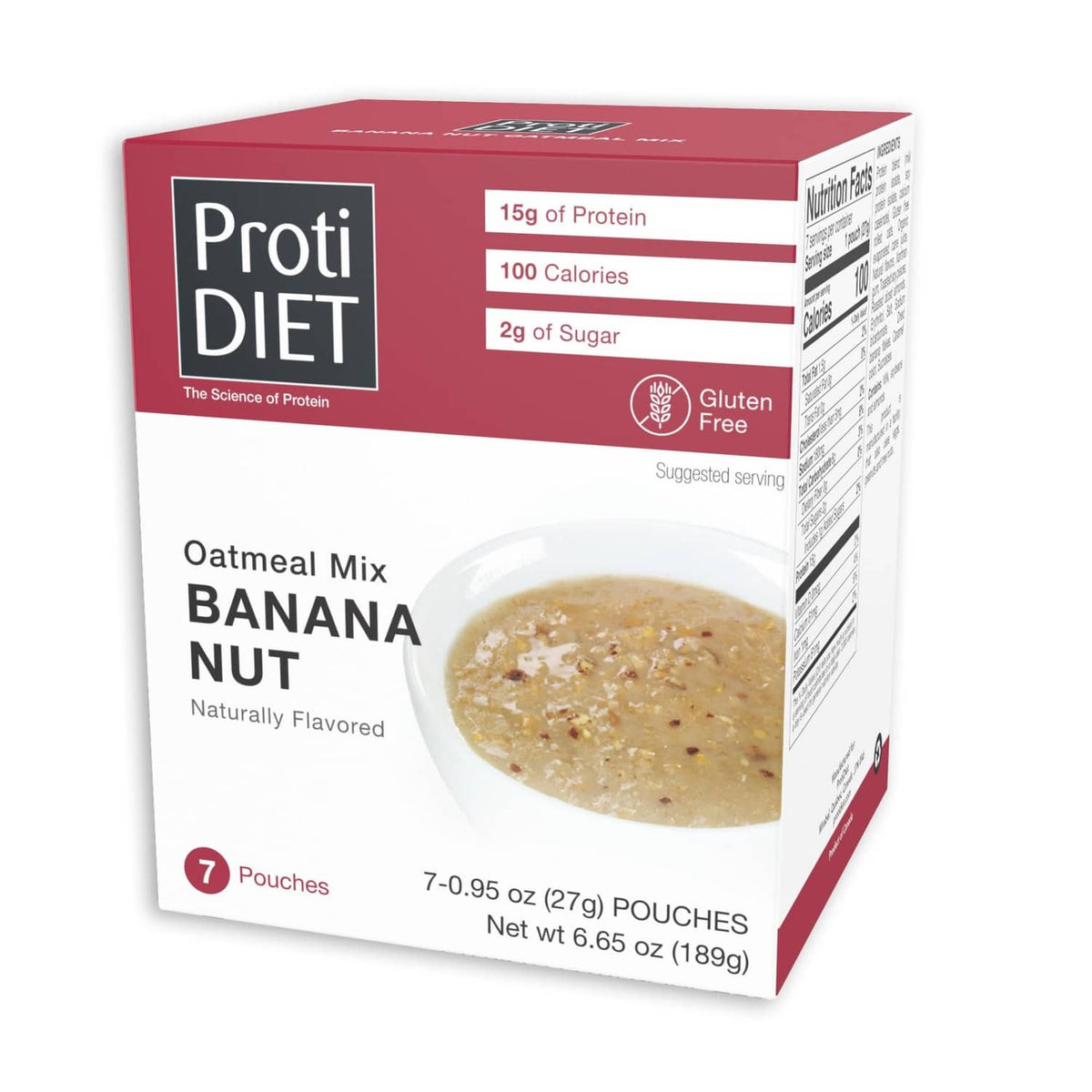 ProtiDIET banana nut oatmeal mix box, gluten-free high-protein instant packets