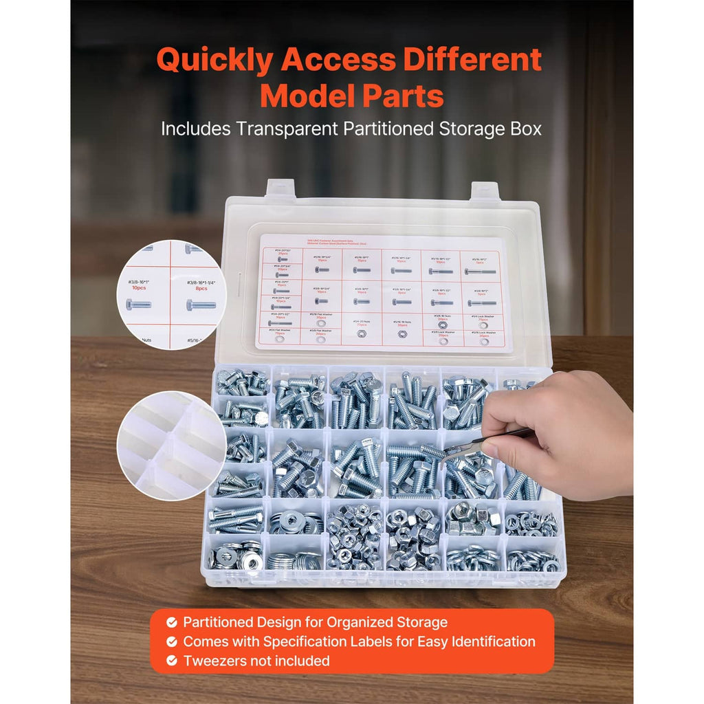 Open transparent storage box filled with assorted bolts, nuts, and washers