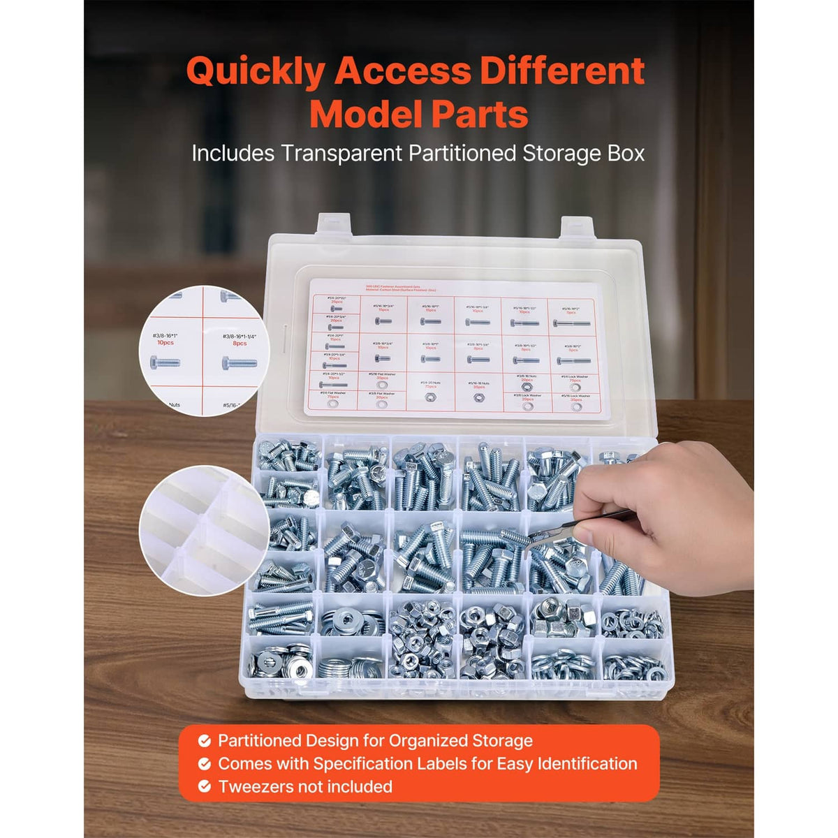 Open transparent storage box filled with assorted bolts, nuts, and washers