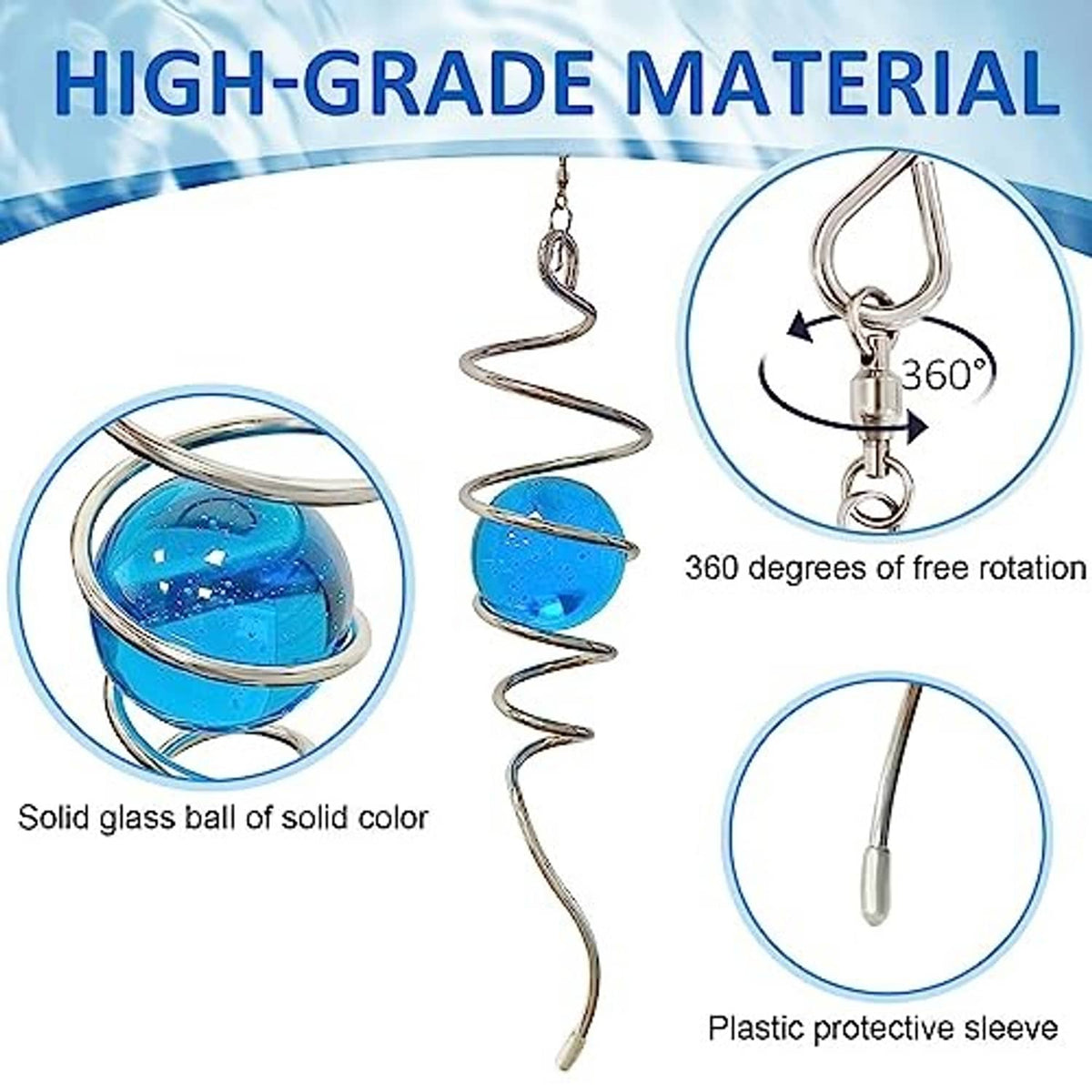 Blue glass orb spiral wind spinner with protective sleeve detail
