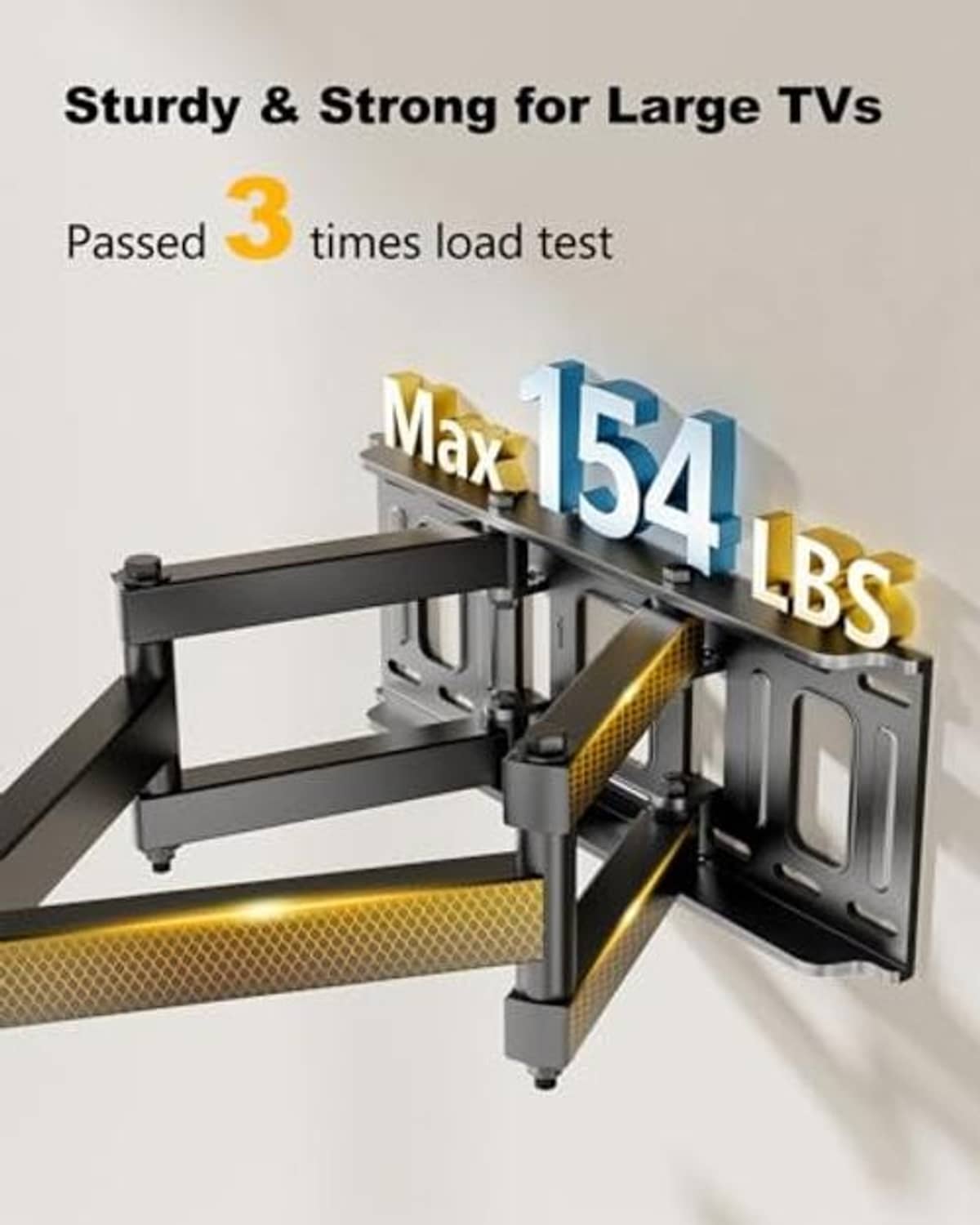 TV wall mount with power outlets, bracket shown with a test load for large TVs