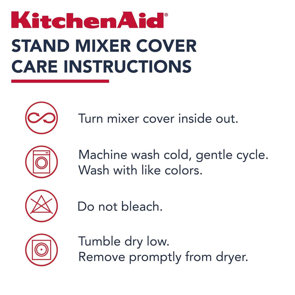 KitchenAid stand mixer cover care instructions with wash, bleach, and dry directions