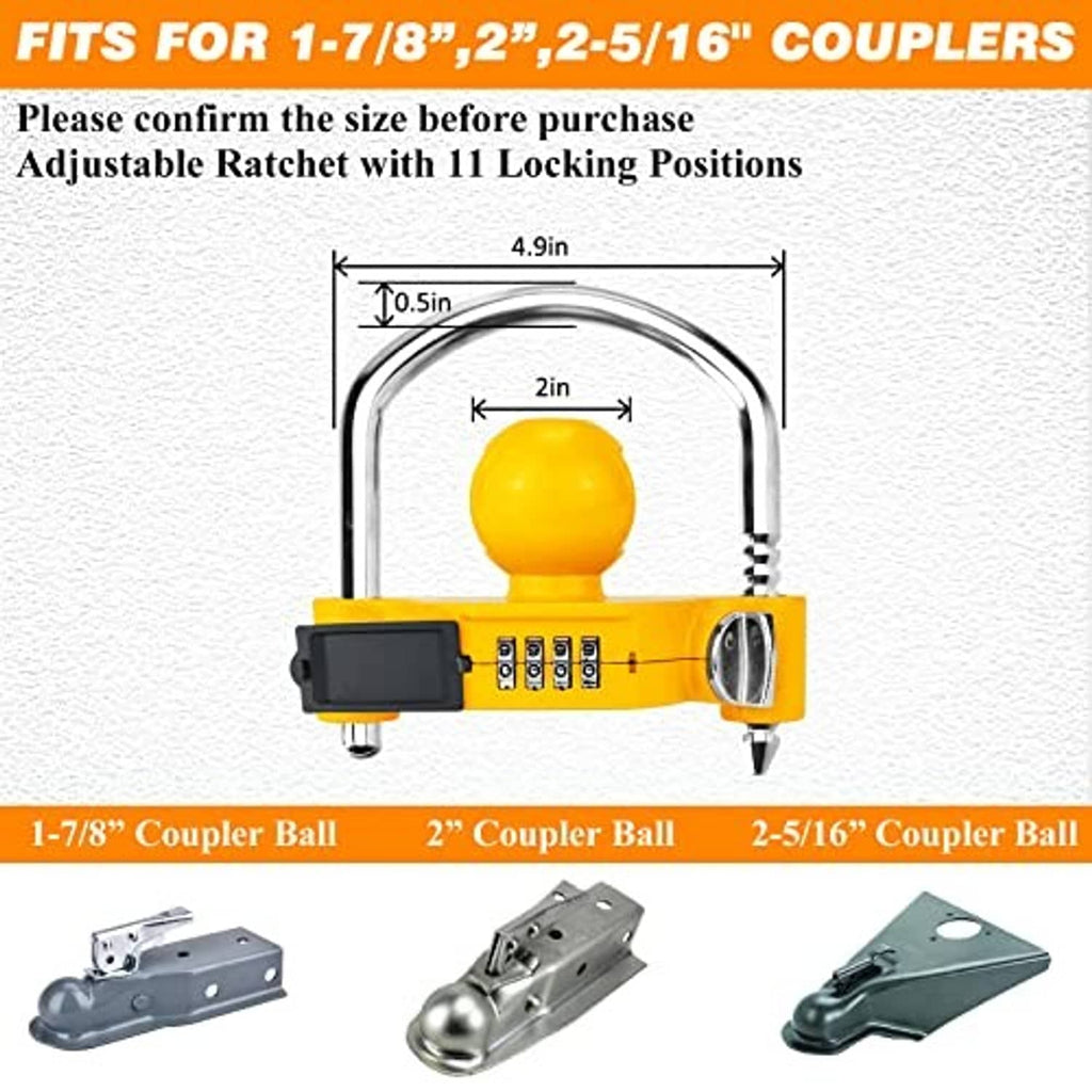 Yellow trailer hitch lock with chrome U-shackle, black side cover, combination dial panel