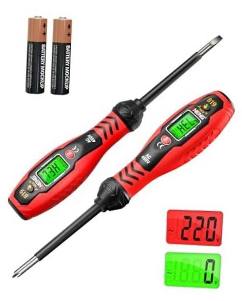 Red voltage tester screwdriver with green LCD reading, metal probe tip, and batteries