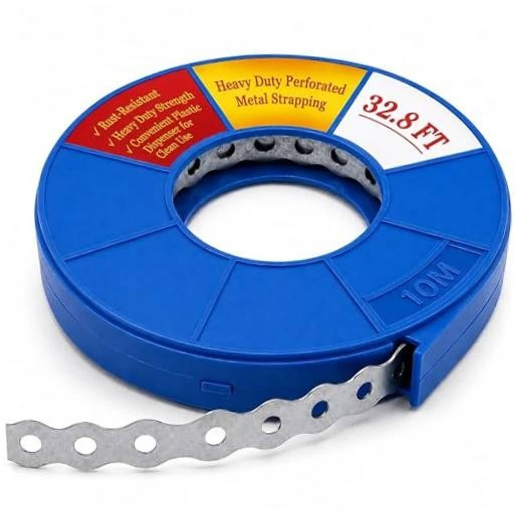 Perforated metal pipe hanger strap on blue coil reel, 32.8 ft length