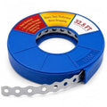 Perforated metal pipe hanger strap on blue coil reel, 32.8 ft length