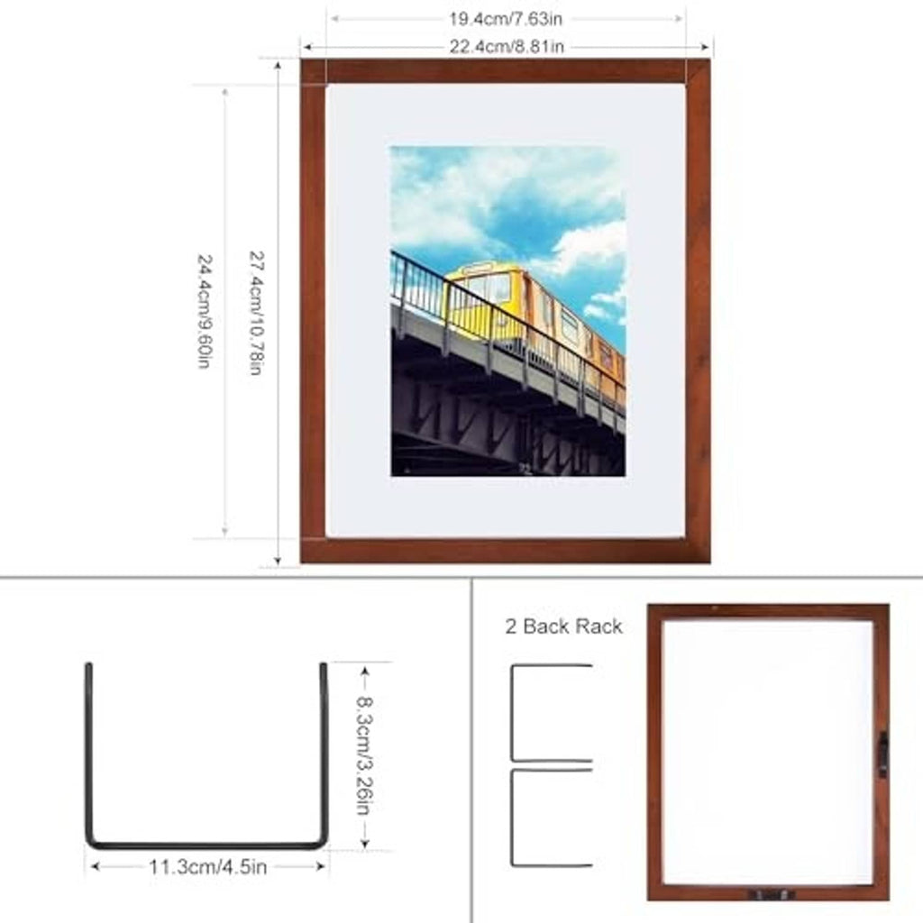 Walnut floating photo frame with two back rack supports, front view