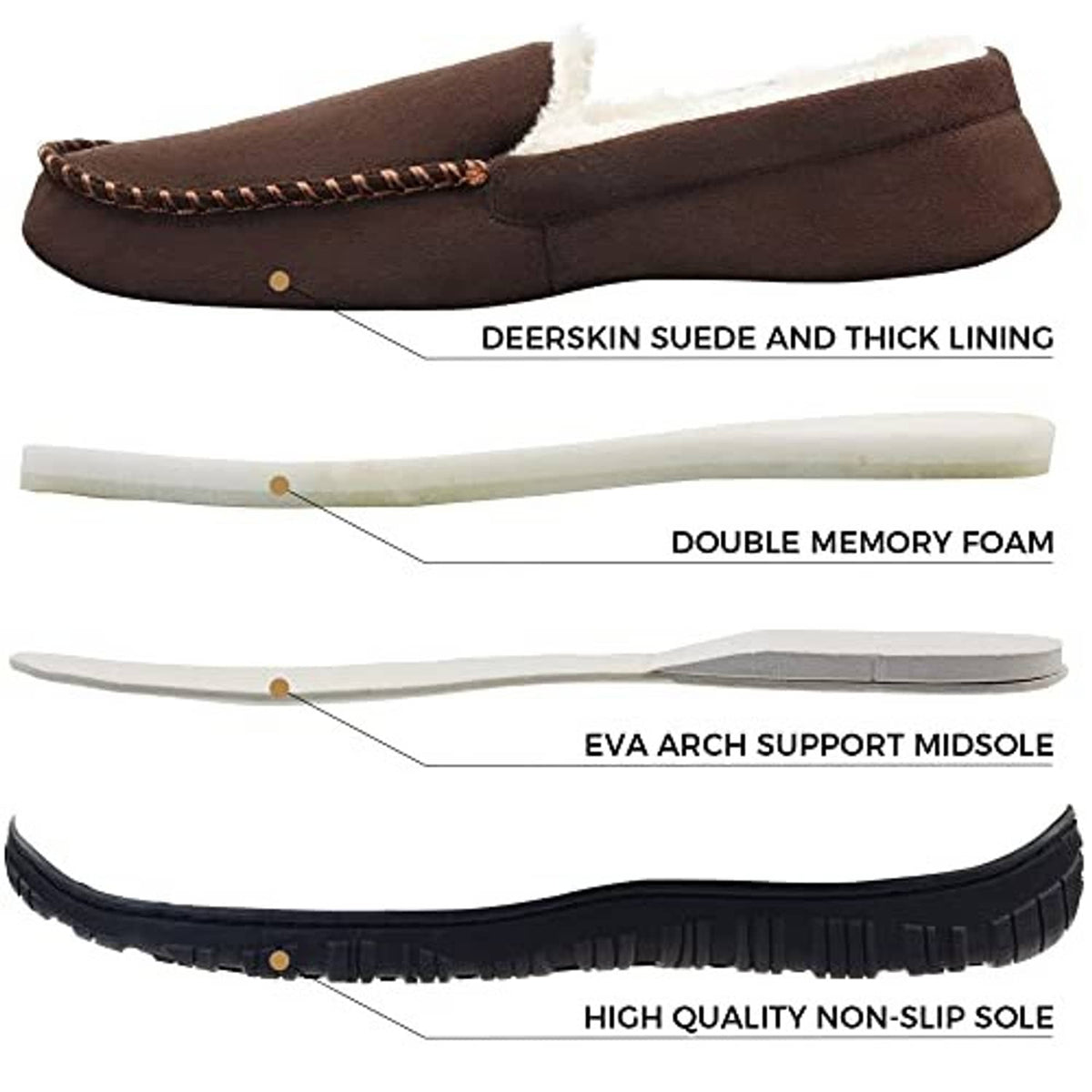 Brown moccasin slippers with plush lining and high-traction non-slip sole layers