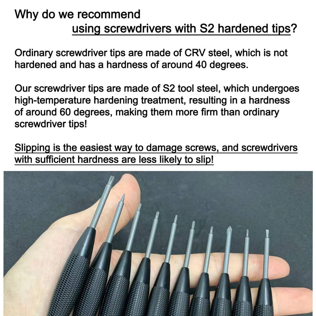 Hardened steel screwdriver tips set of multiple bits in a hand