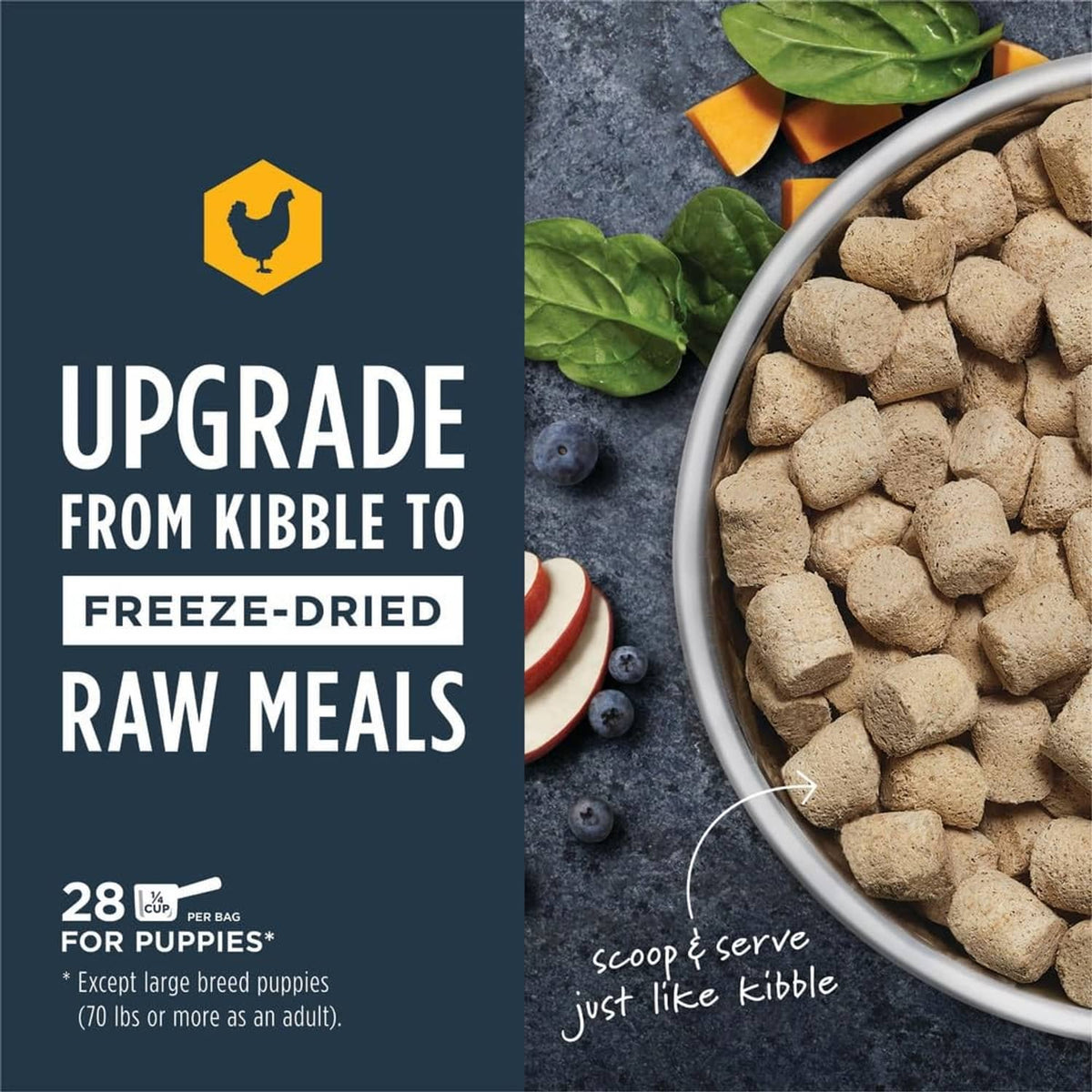 Freeze-dried raw meals pouch graphic with bowl of bite-sized pieces for puppies