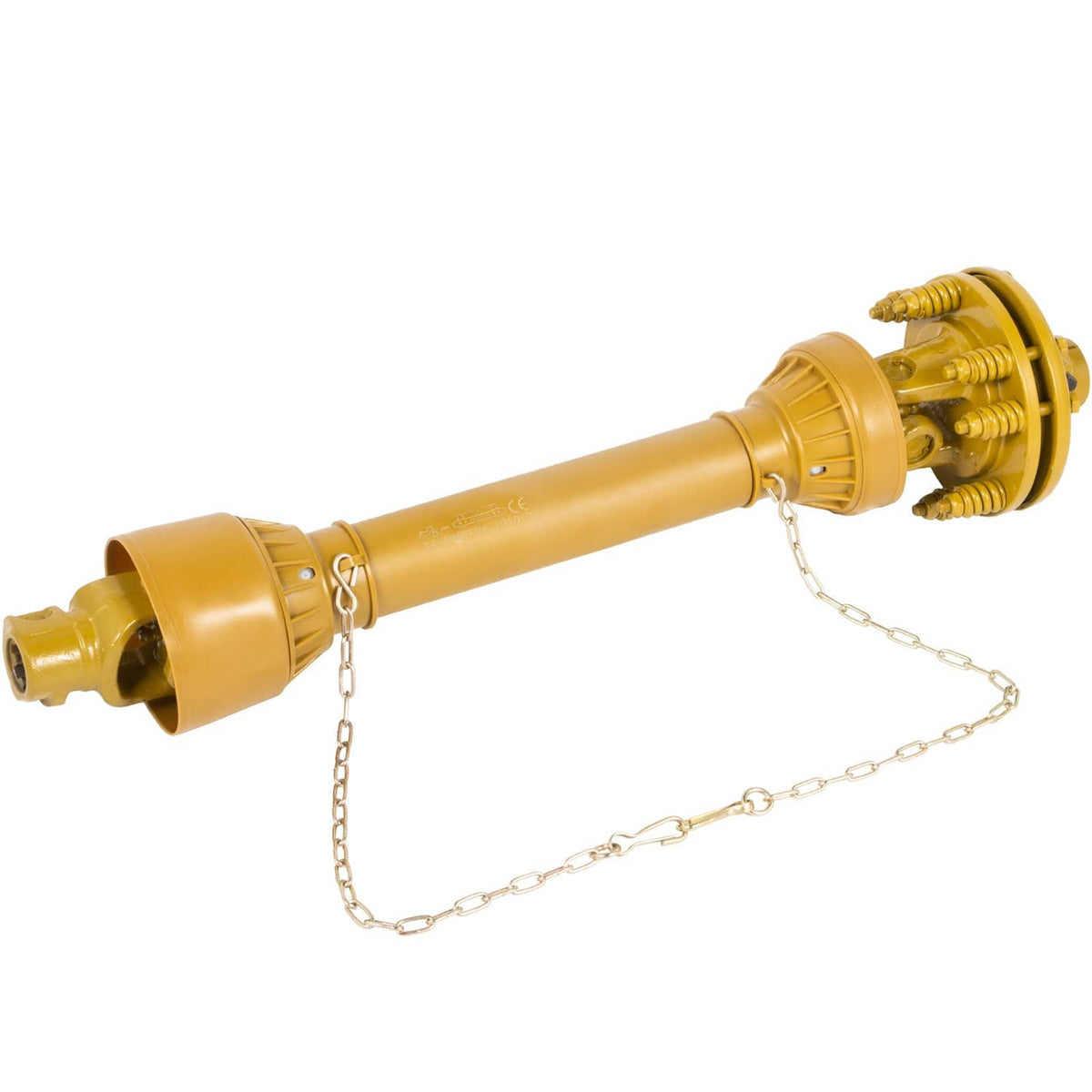 Angled view of yellow PTO drive shaft with slip clutch, universal joint yokes and chain guard