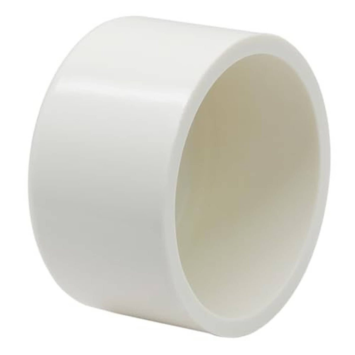White 4-inch PVC end cap fitting with beveled rim and wide round inlet