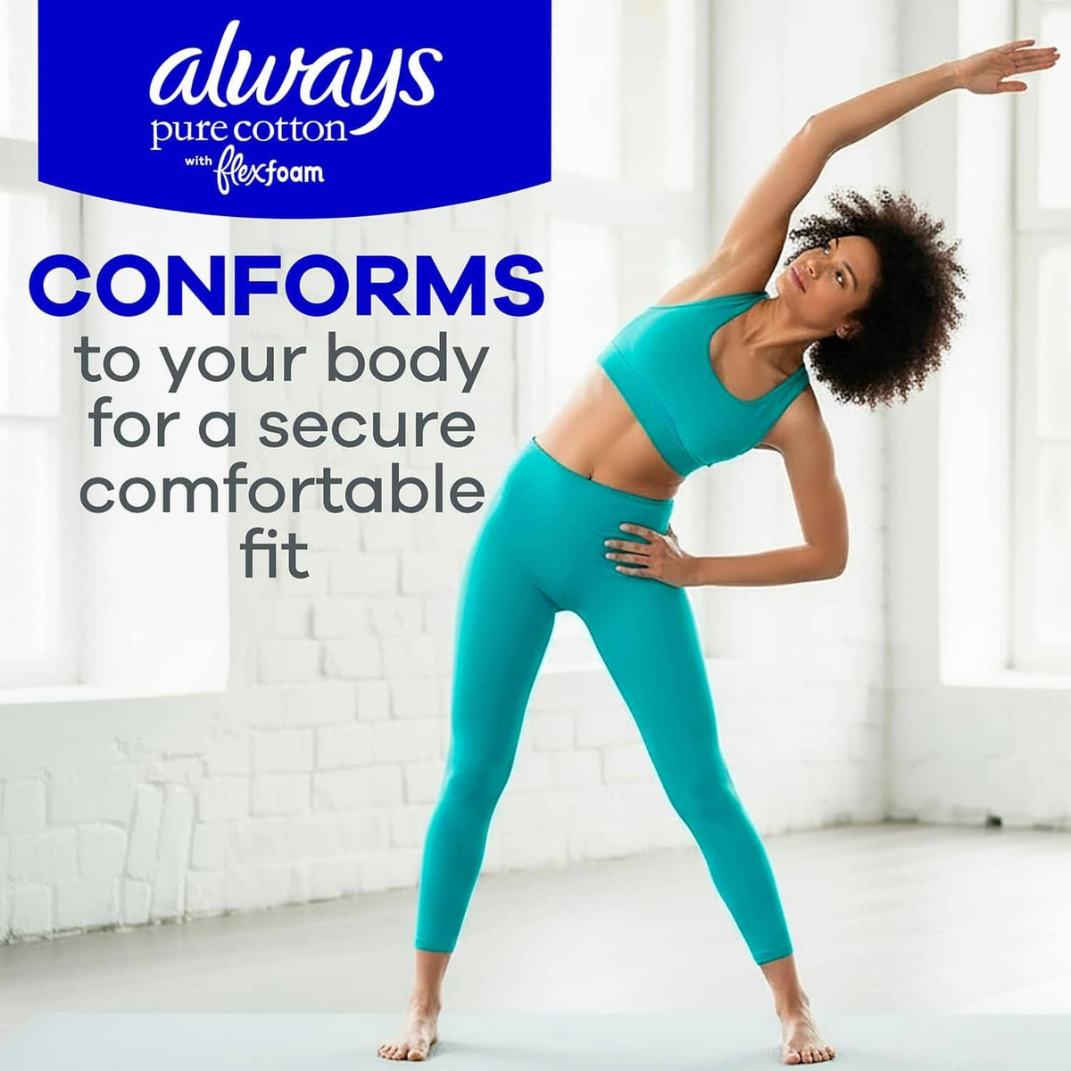 Always pure cotton feminine pads carton with conforming fit text and winged pad icons