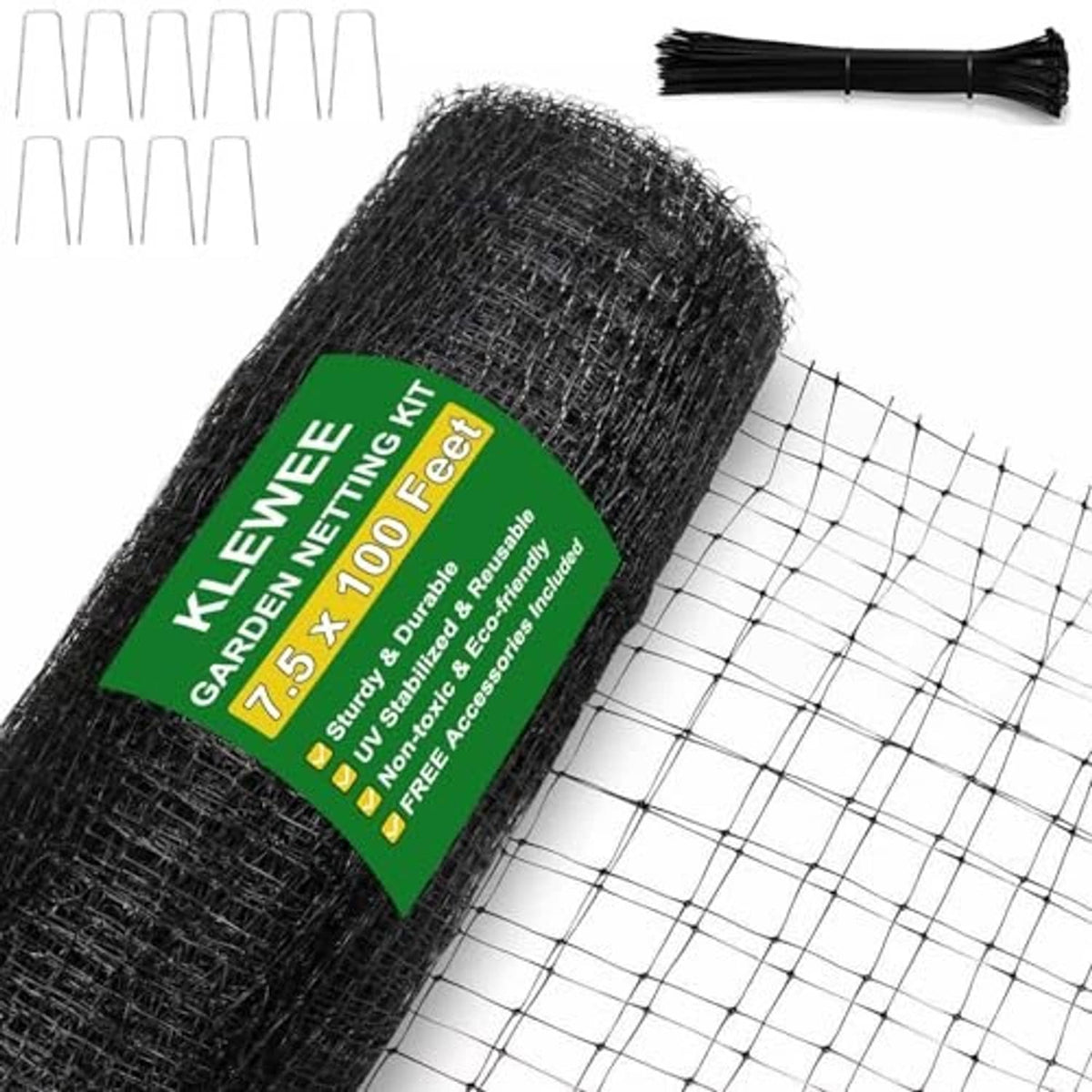 Rolled black square-mesh garden netting for bird and deer protection with cord ties