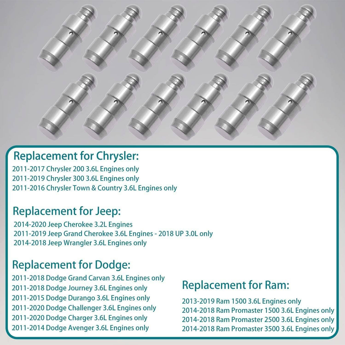 Valve lifter set, multiple silver cylindrical lifters arranged in rows