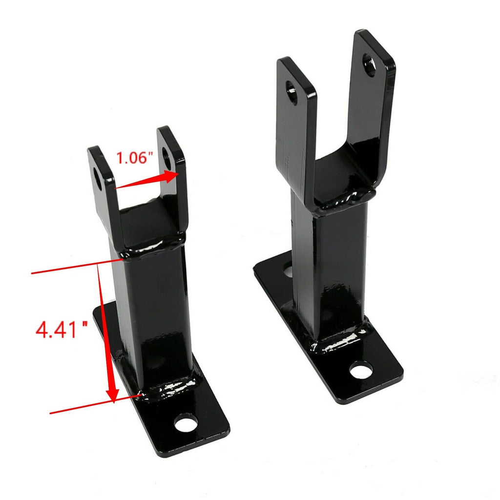 Black steel rack holder bracket pair with measured post height and base mounting holes