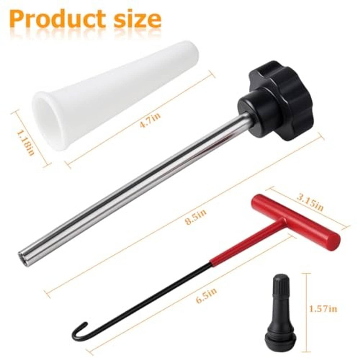 Tire valve tool kit with long metal insertion rod, red T-hook, white tube, and valve cores
