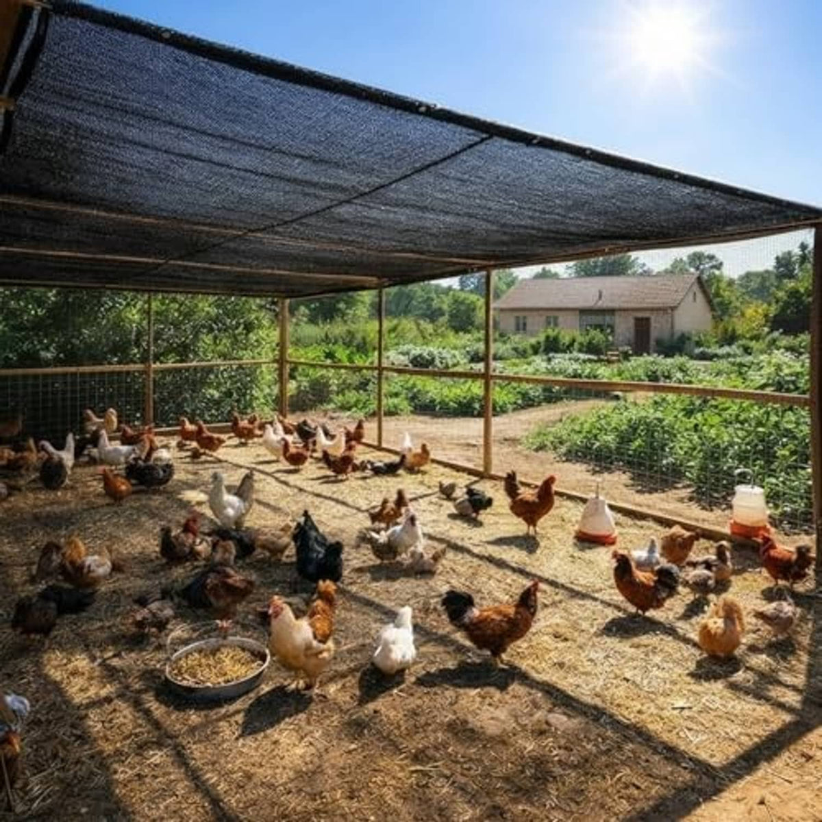 Dark gray shade cloth stretched over a chicken run for sun protection