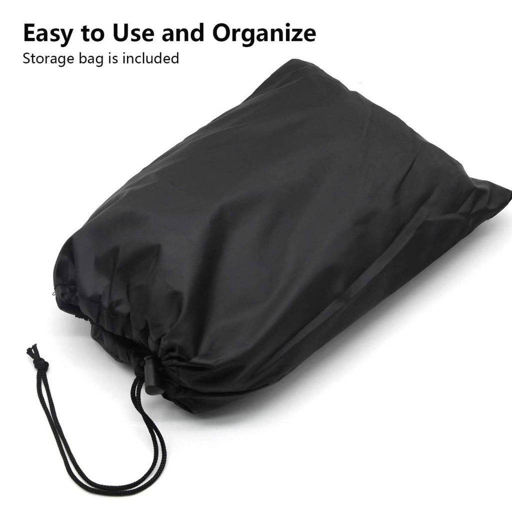 Black storage bag for mower cover with drawstring closure and carrying cord