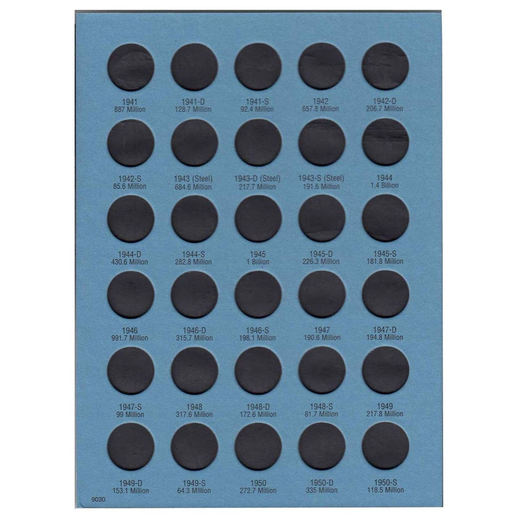 Blue Lincoln Cents coin holder page with dark coin slots and printed dates/values