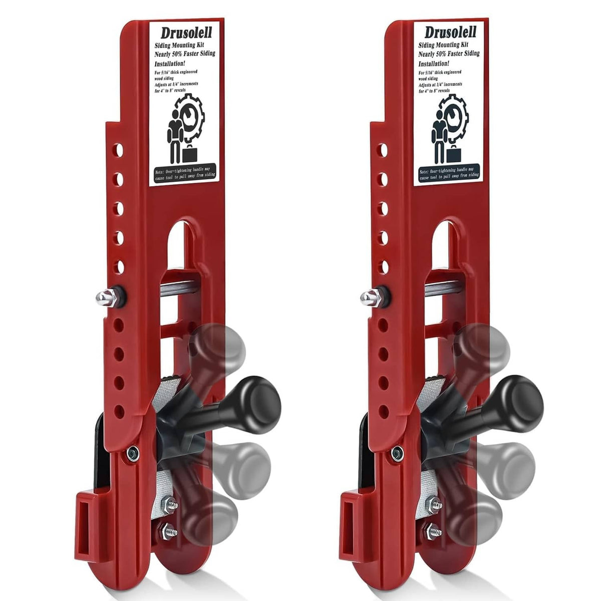 Red siding mounting kit tool with adjustable bracket and three-prong handle, pair