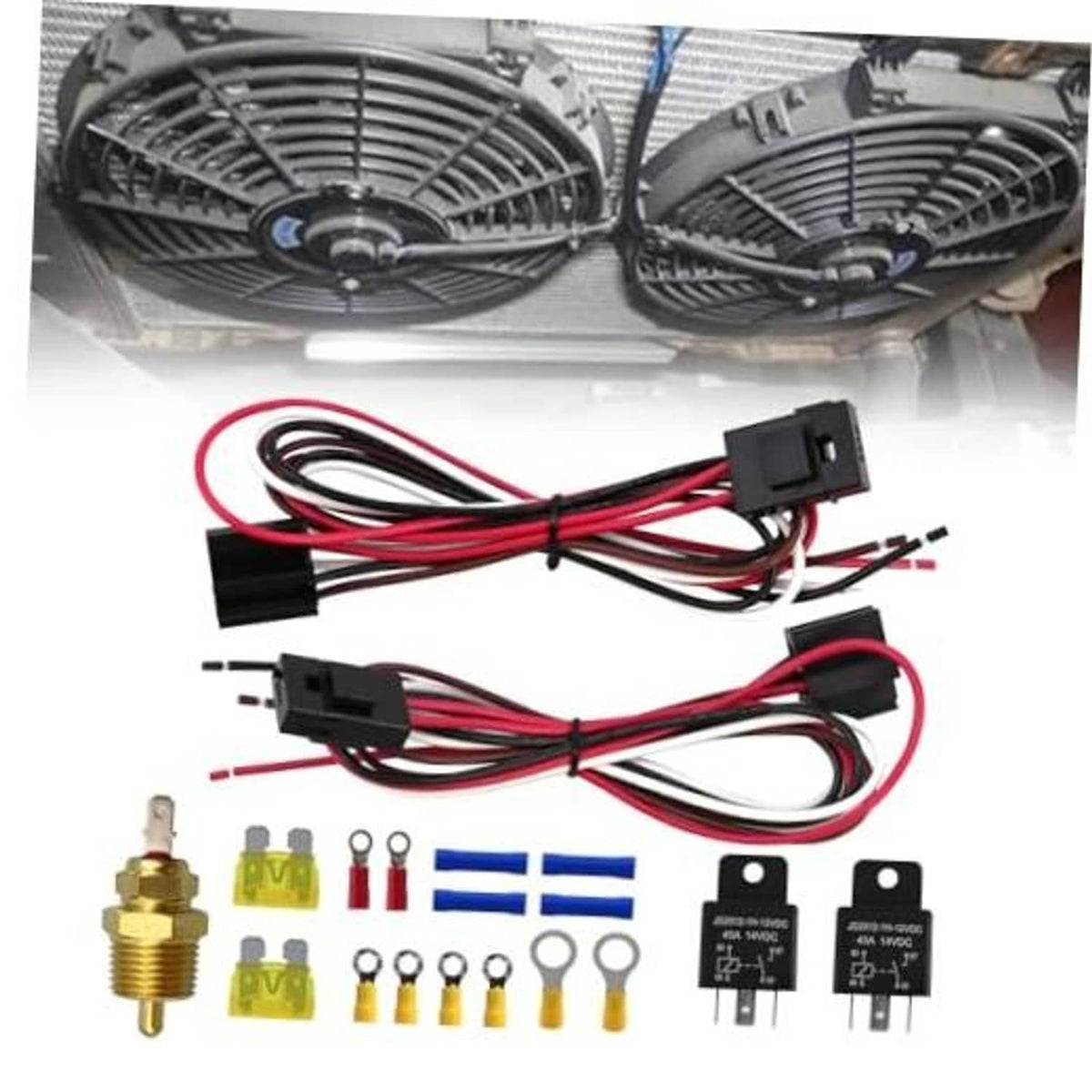 Dual electric fan relay wiring harness kit with two connectors and bundled cable