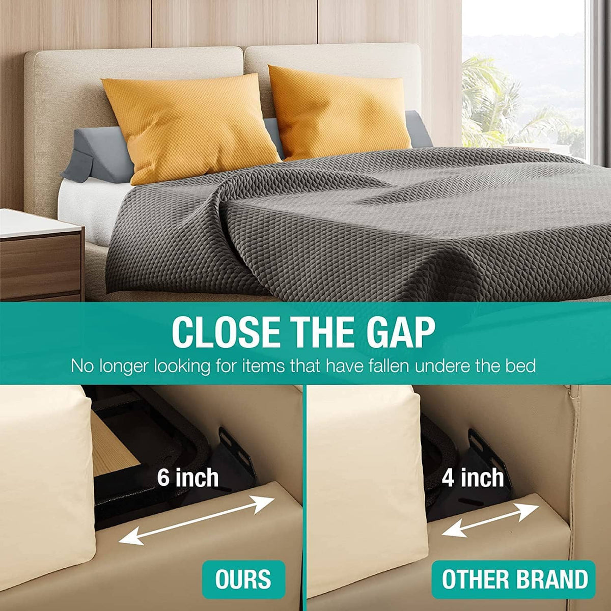 Gray bed wedge pillow placed along mattress edge to help keep items from slipping under.