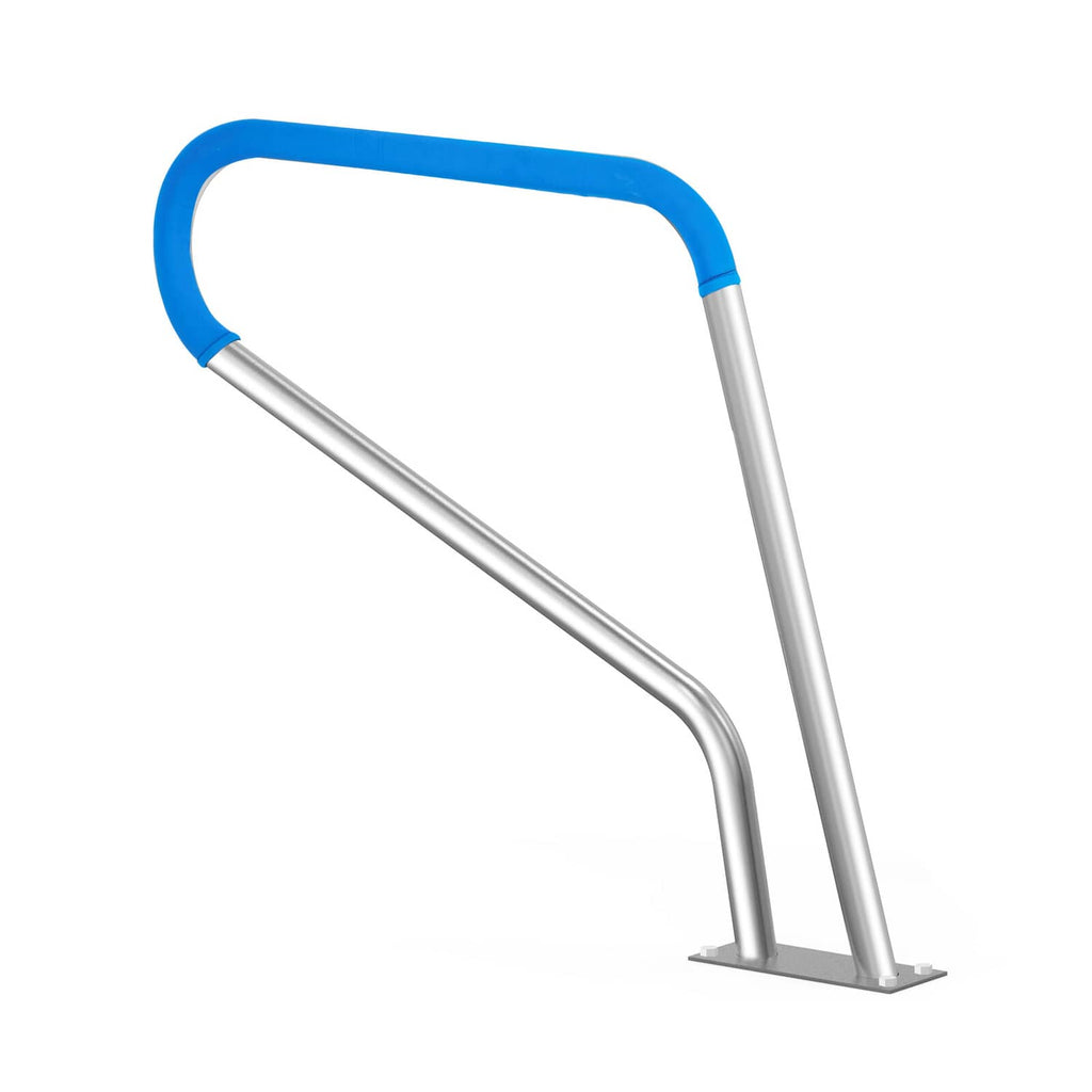 Stainless steel pool handrail with blue padded grip and rectangular floor base