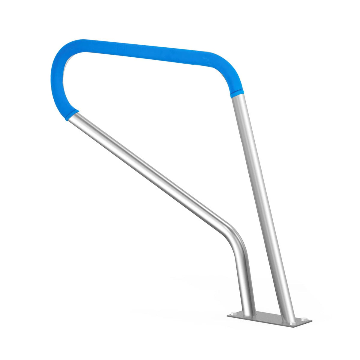 Stainless steel pool handrail with blue padded grip and rectangular floor base