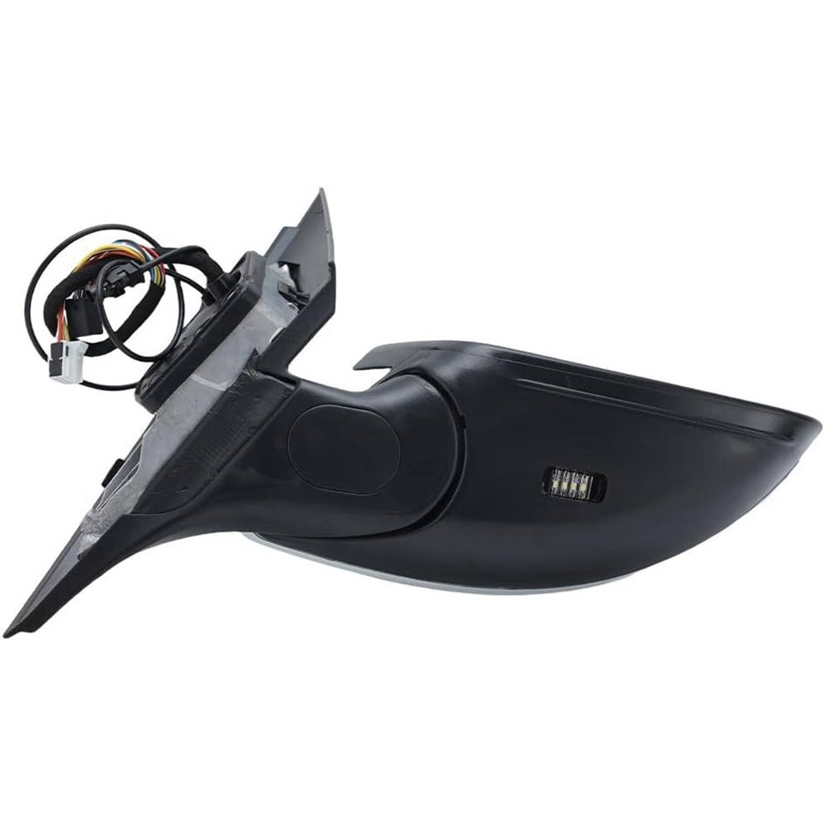 Heated blind spot side mirror housing with mounting bracket and wiring connections
