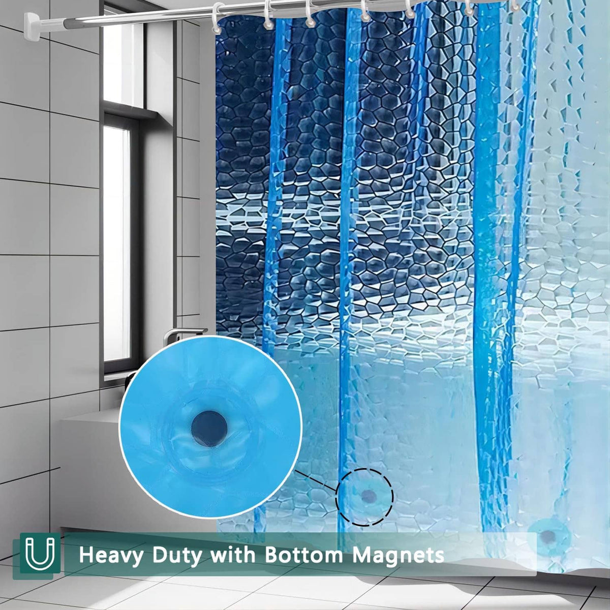 Blue shower curtain liner with weighted bottom magnets and textured surface