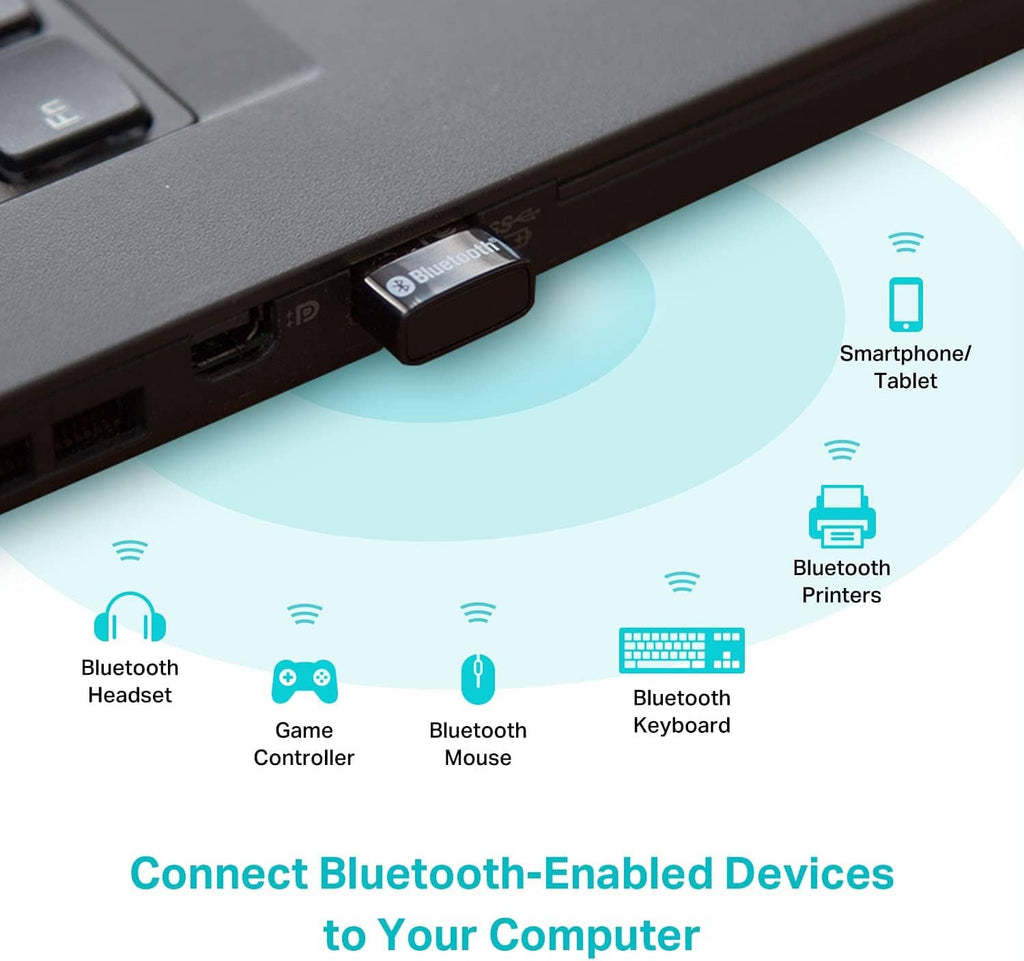 USB Bluetooth adapter plugged into laptop USB port with Bluetooth connection icons