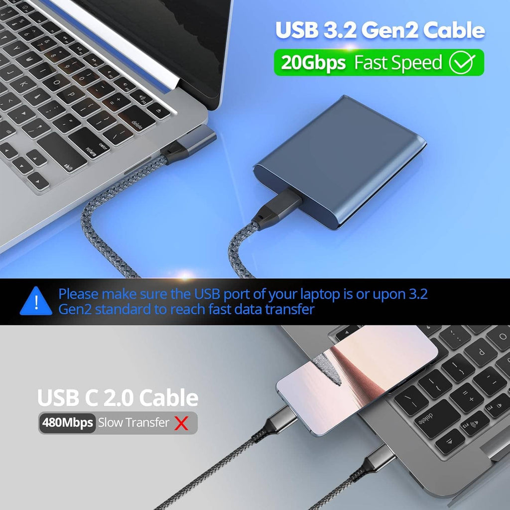USB-C right-angle braided cable plugged into a laptop USB port
