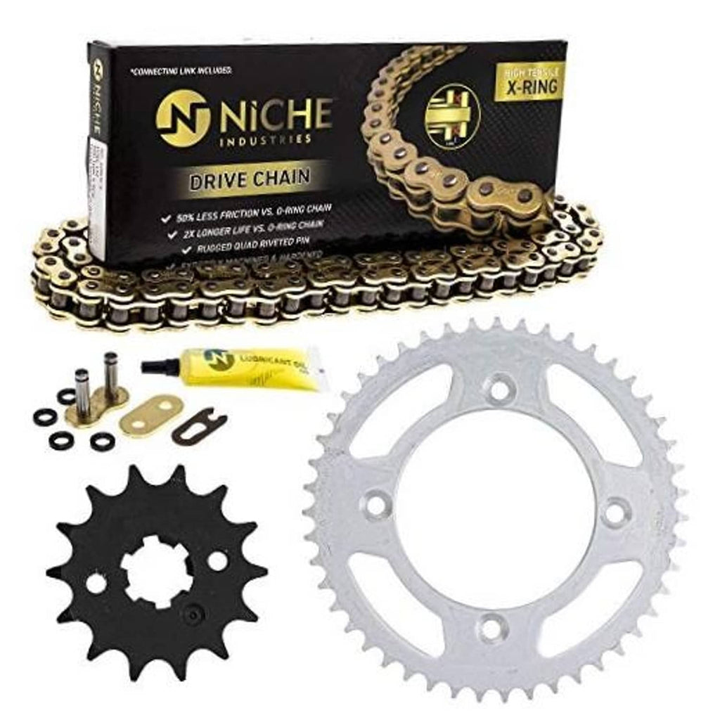 X-Ring drive chain kit with front and rear sprockets, hardware, and lubricant oil