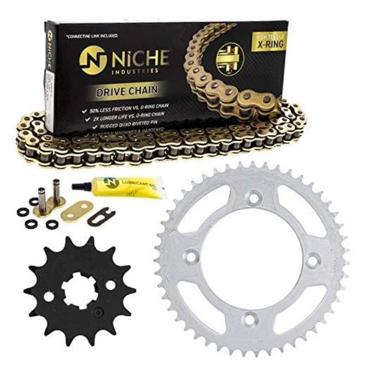 X-Ring drive chain kit with front and rear sprockets, hardware, and lubricant oil