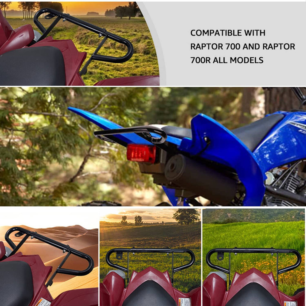 Black rear bumper with tubular grab bar mounted on an ATV rear