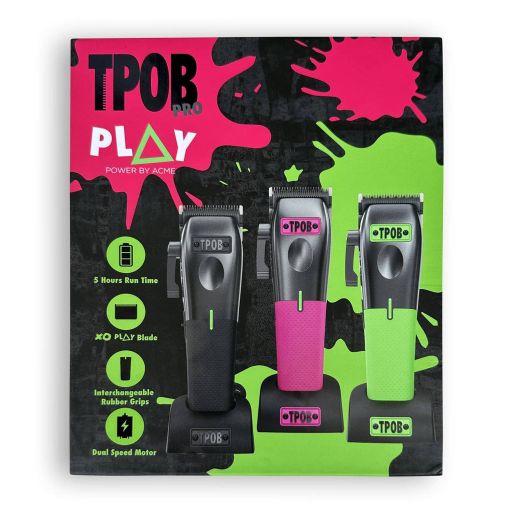 Men's hair clipper package showing black clipper with green and pink guards