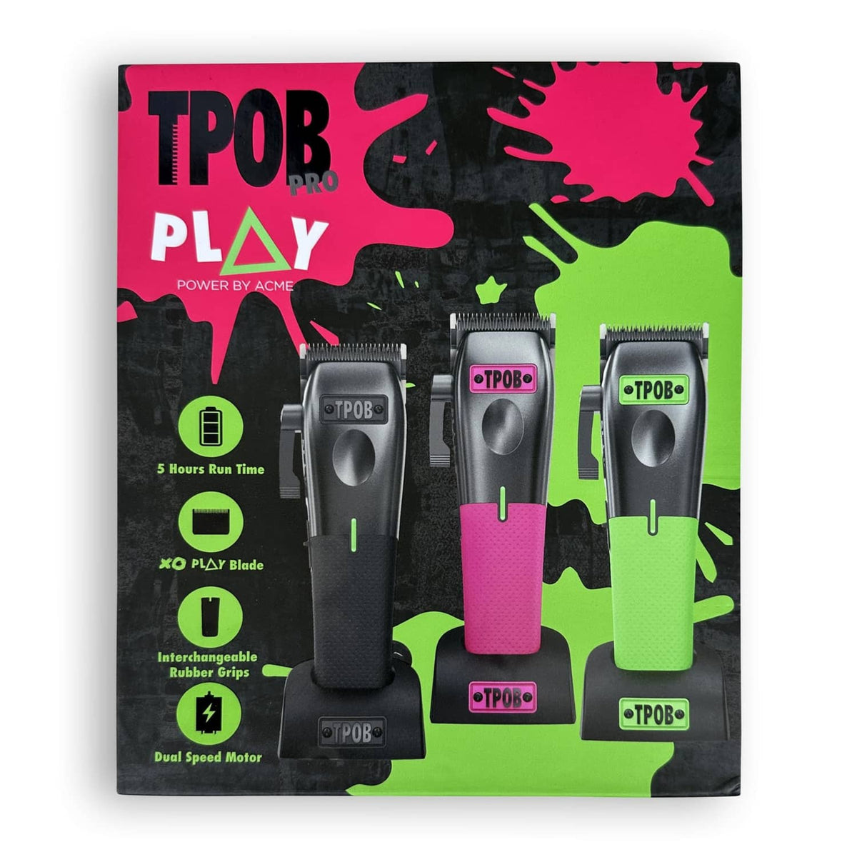 Men's hair clipper package showing black clipper with green and pink guards