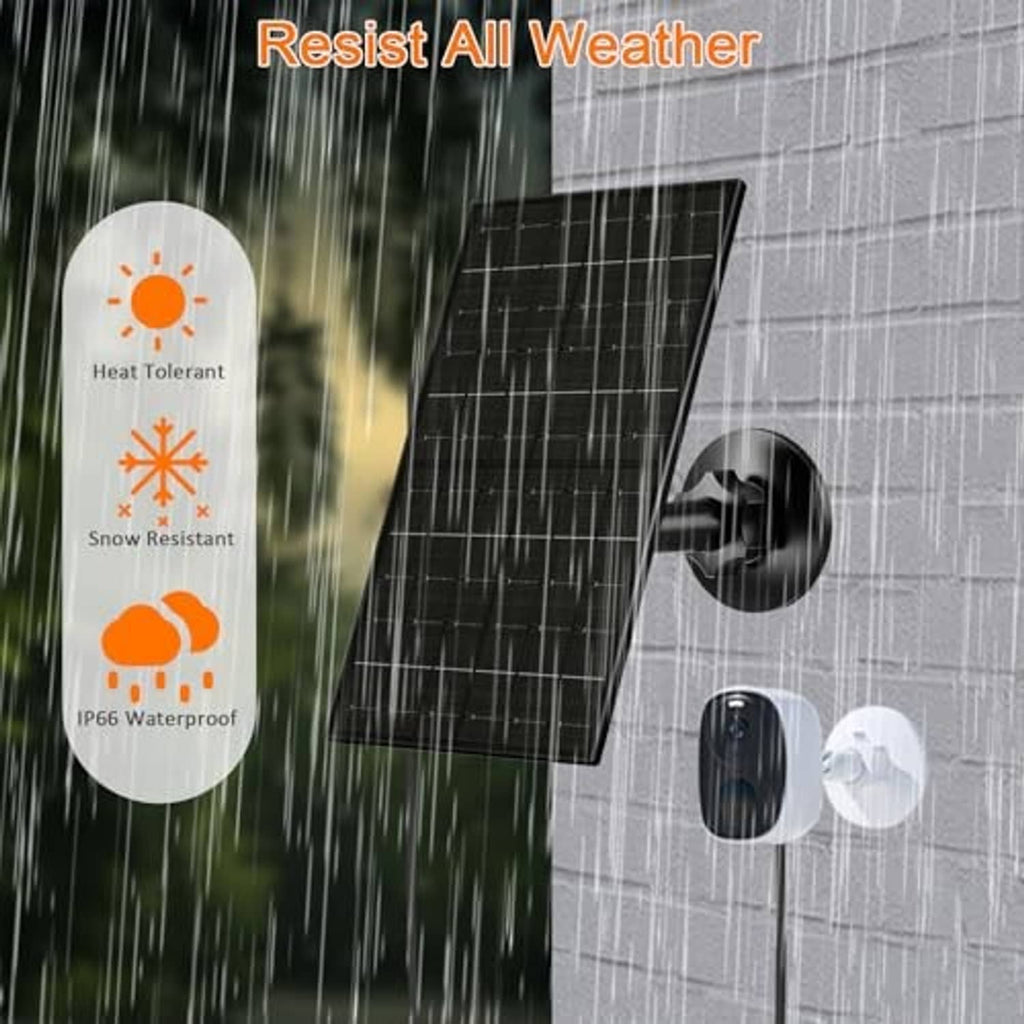 Outdoor solar panel with weatherproof mounting bracket and cable, rain-splash graphic