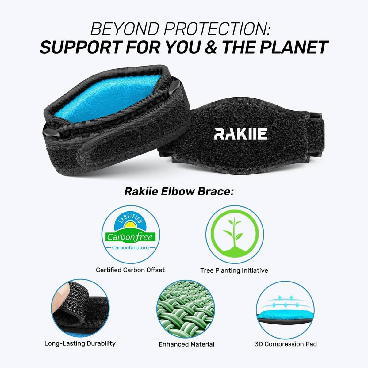 Black tennis elbow brace with blue compression pad and RAKIIE logo on strap.