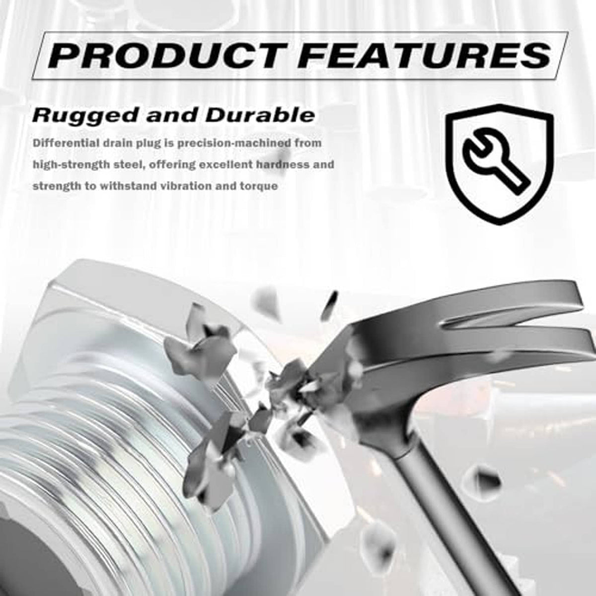 Rear differential fill plug with threaded body and hex head, durable metal finish