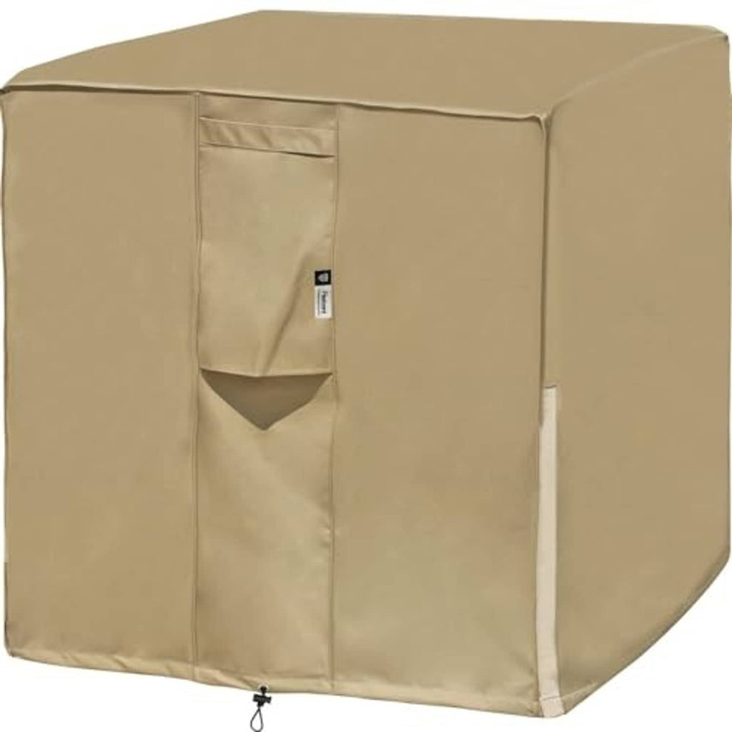Outdoor air conditioner unit cover in tan with front opening and zippered pocket panel