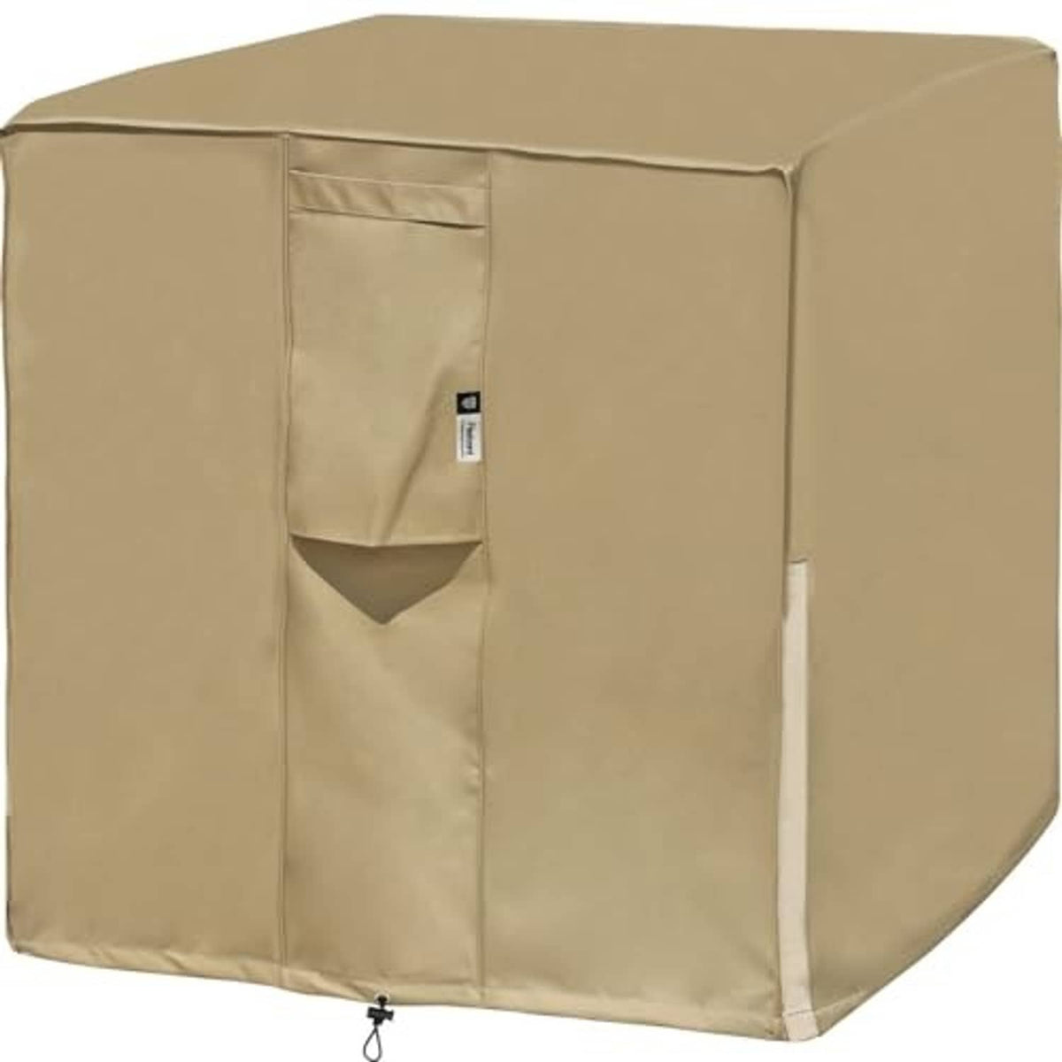 Outdoor air conditioner unit cover in tan with front opening and zippered pocket panel