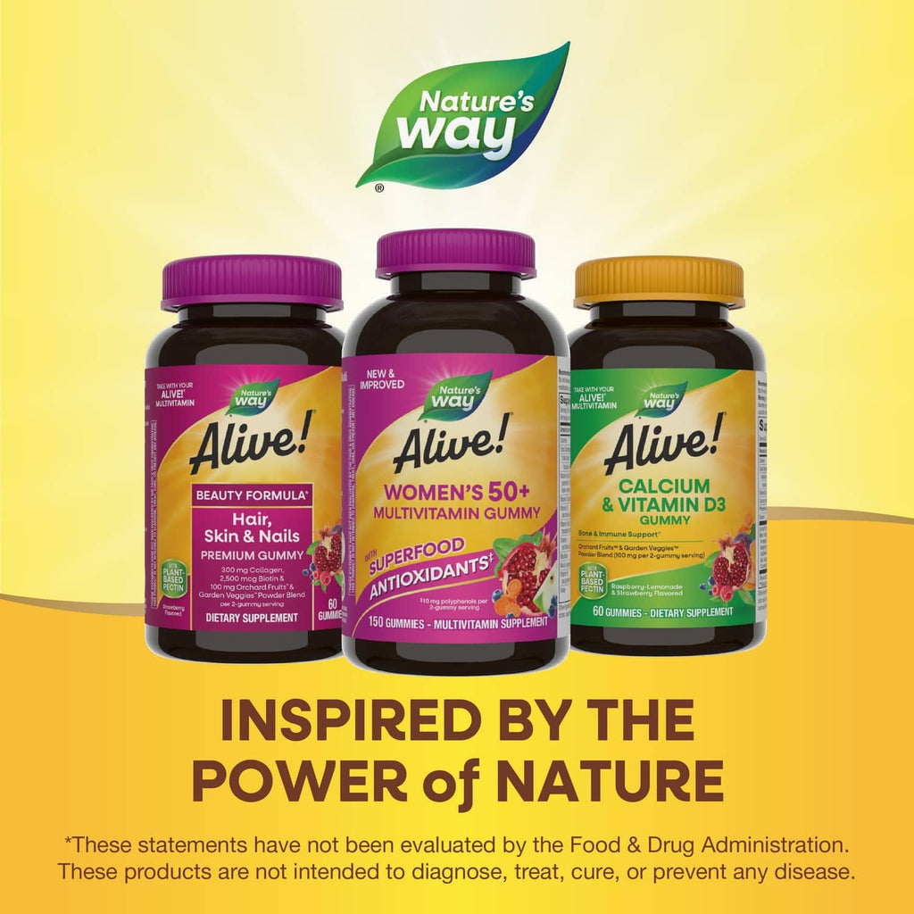 Three multivitamin gummy bottles with purple and orange caps