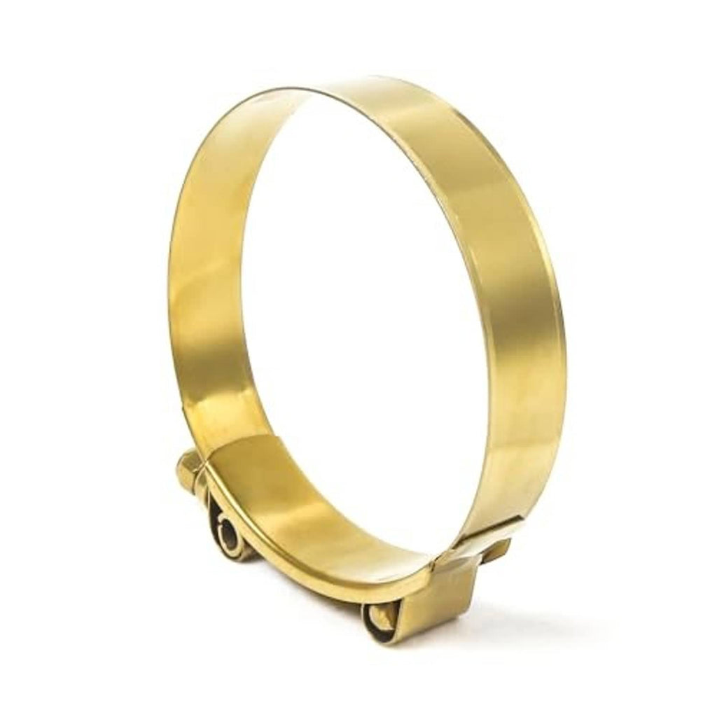 Gold stainless T-bolt hose clamp with band and clamp heads visible from angle.