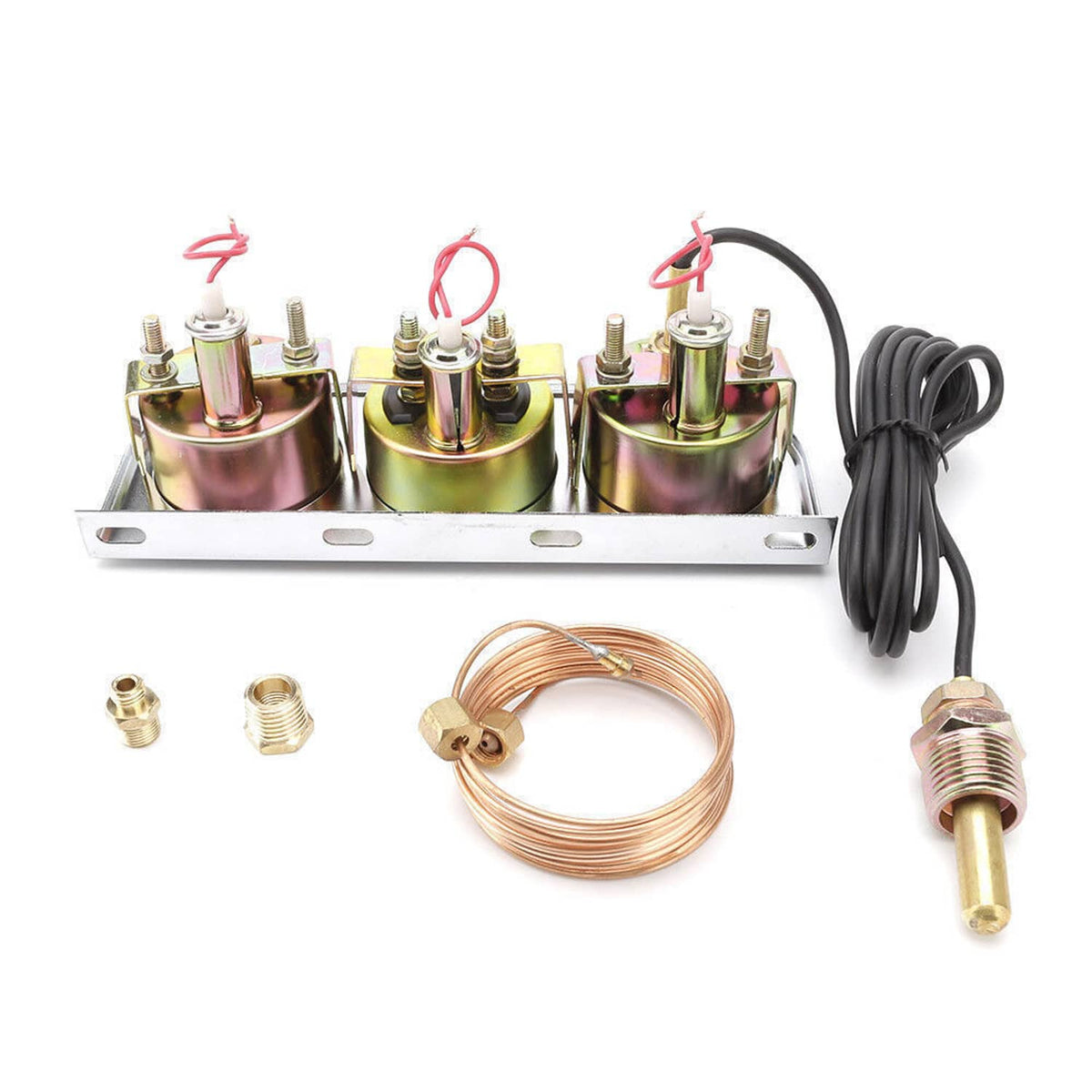 Complete 3-in-1 gauge kit with sensor modules, copper coil, and black power lead